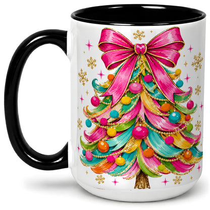 #pl[15oz|Black] Colorful Christmas Tree Ceramic Mug, Pink Bow Holiday Artwork