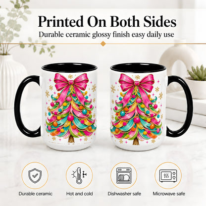 #pl[15oz|Black] Colorful Christmas Tree Ceramic Mug, Pink Bow Holiday Artwork
