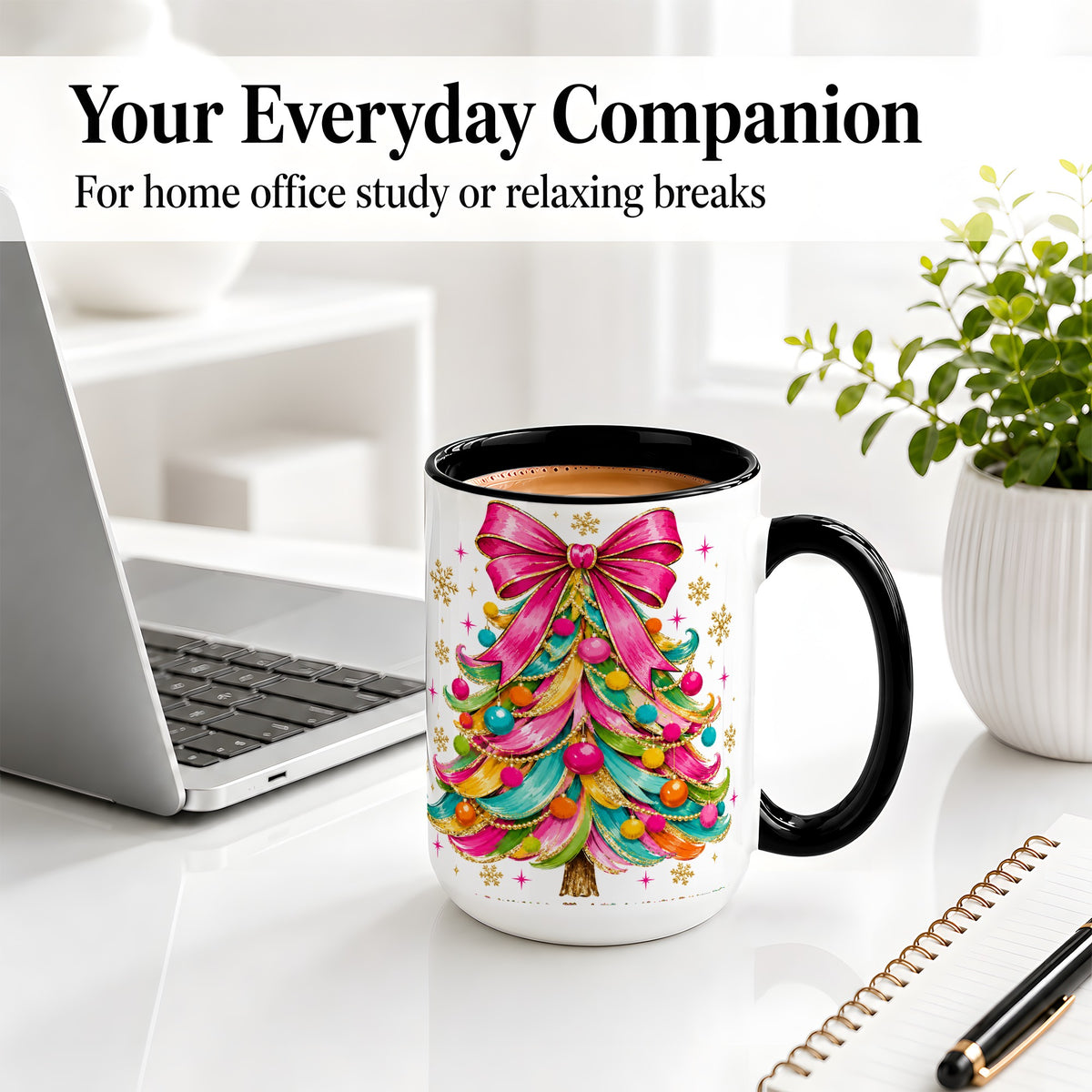 #pl[15oz|Black] Colorful Christmas Tree Ceramic Mug, Pink Bow Holiday Artwork