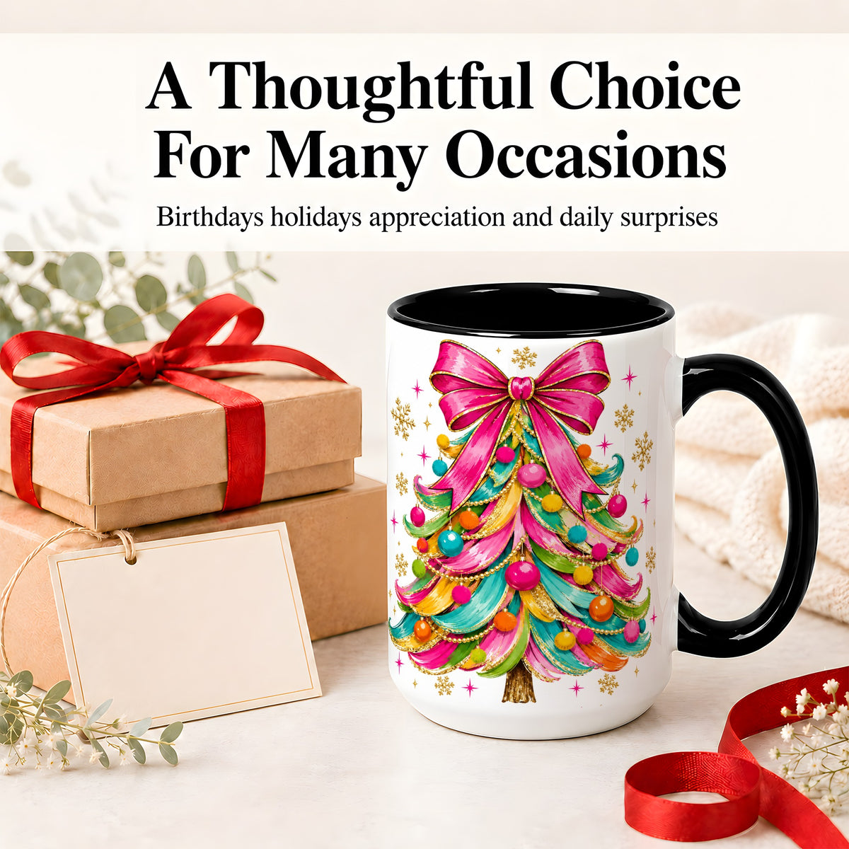 #pl[15oz|Black] Colorful Christmas Tree Ceramic Mug, Pink Bow Holiday Artwork