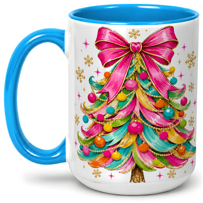 #pl[15oz|Blue] Colorful Christmas Tree Ceramic Mug, Pink Bow Holiday Artwork