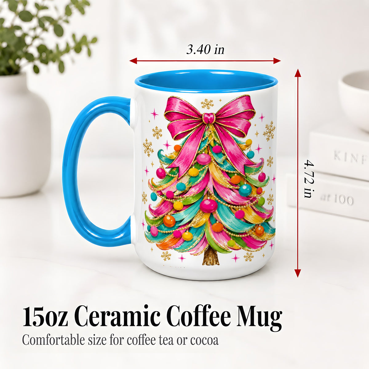 #pl[15oz|Blue] Colorful Christmas Tree Ceramic Mug, Pink Bow Holiday Artwork