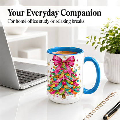 #pl[15oz|Blue] Colorful Christmas Tree Ceramic Mug, Pink Bow Holiday Artwork