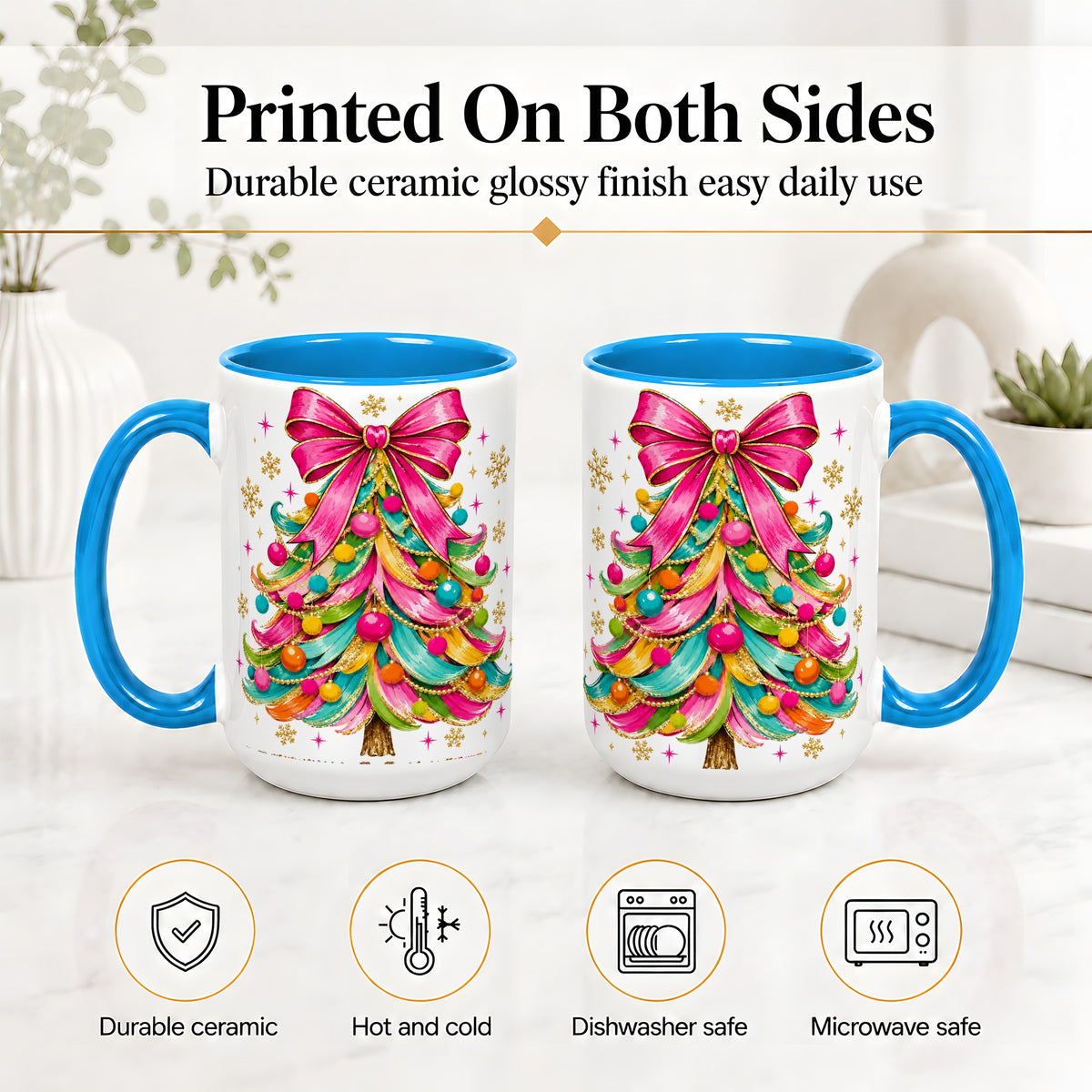 #pl[15oz|Blue] Colorful Christmas Tree Ceramic Mug, Pink Bow Holiday Artwork