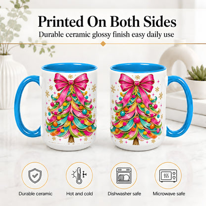 #pl[15oz|Blue] Colorful Christmas Tree Ceramic Mug, Pink Bow Holiday Artwork