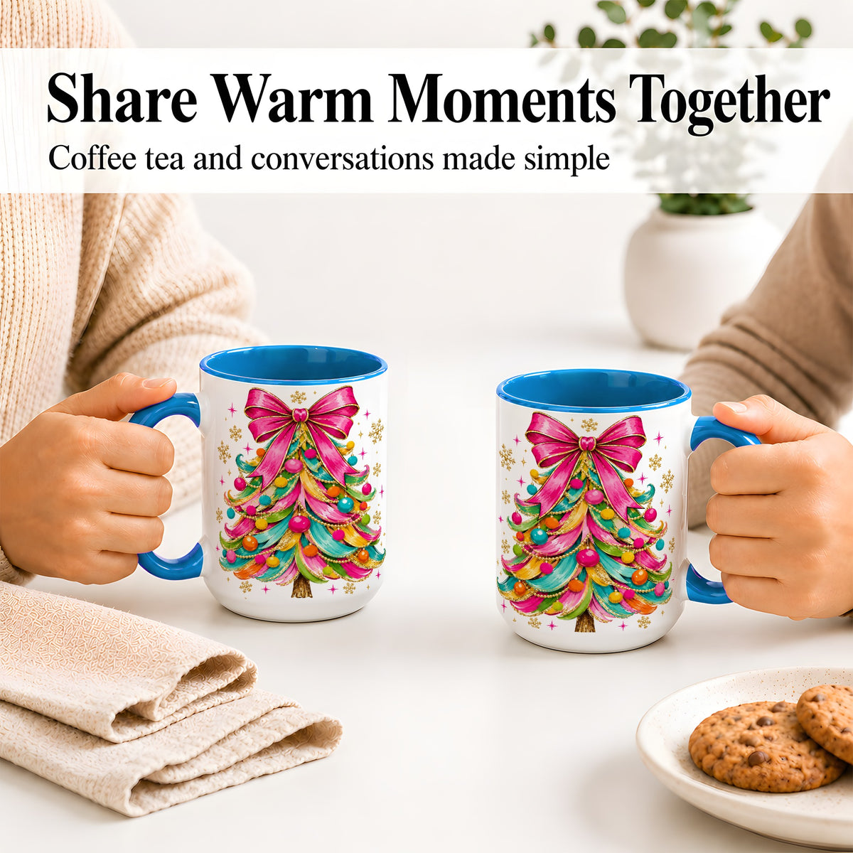 #pl[15oz|Blue] Colorful Christmas Tree Ceramic Mug, Pink Bow Holiday Artwork