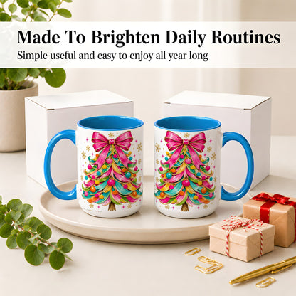 #pl[15oz|Blue] Colorful Christmas Tree Ceramic Mug, Pink Bow Holiday Artwork