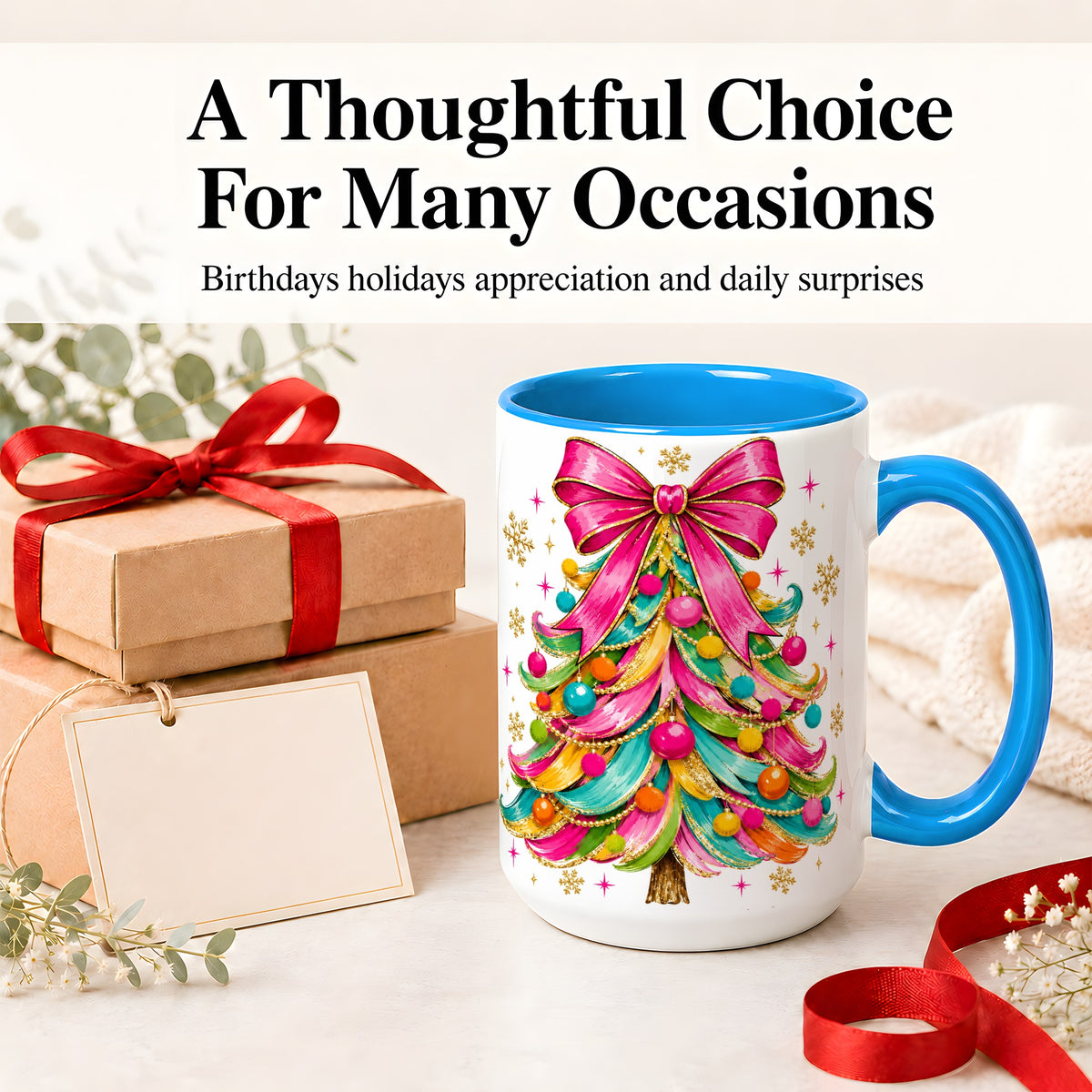 #pl[15oz|Blue] Colorful Christmas Tree Ceramic Mug, Pink Bow Holiday Artwork