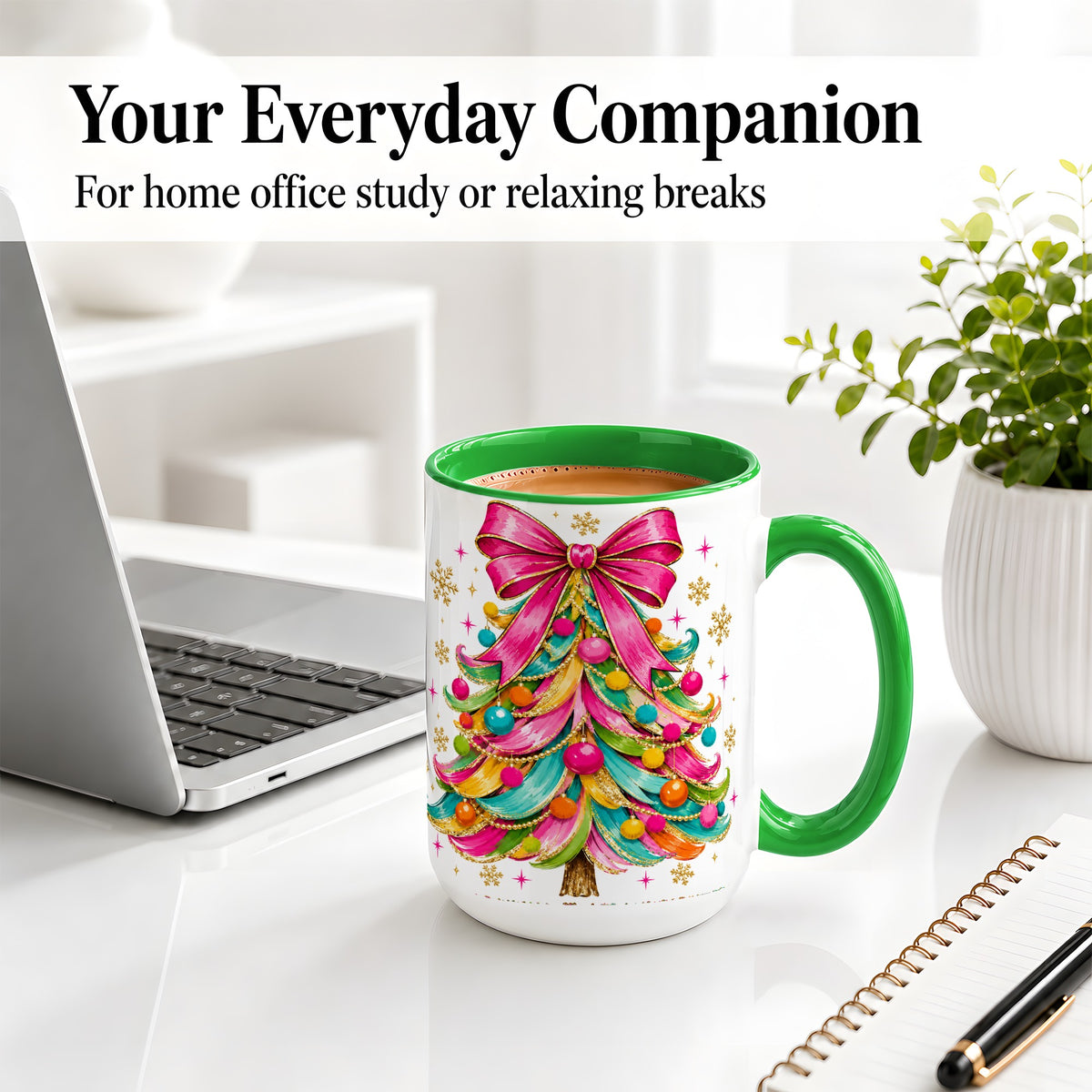 #pl[15oz|Green] Colorful Christmas Tree Ceramic Mug, Pink Bow Holiday Artwork