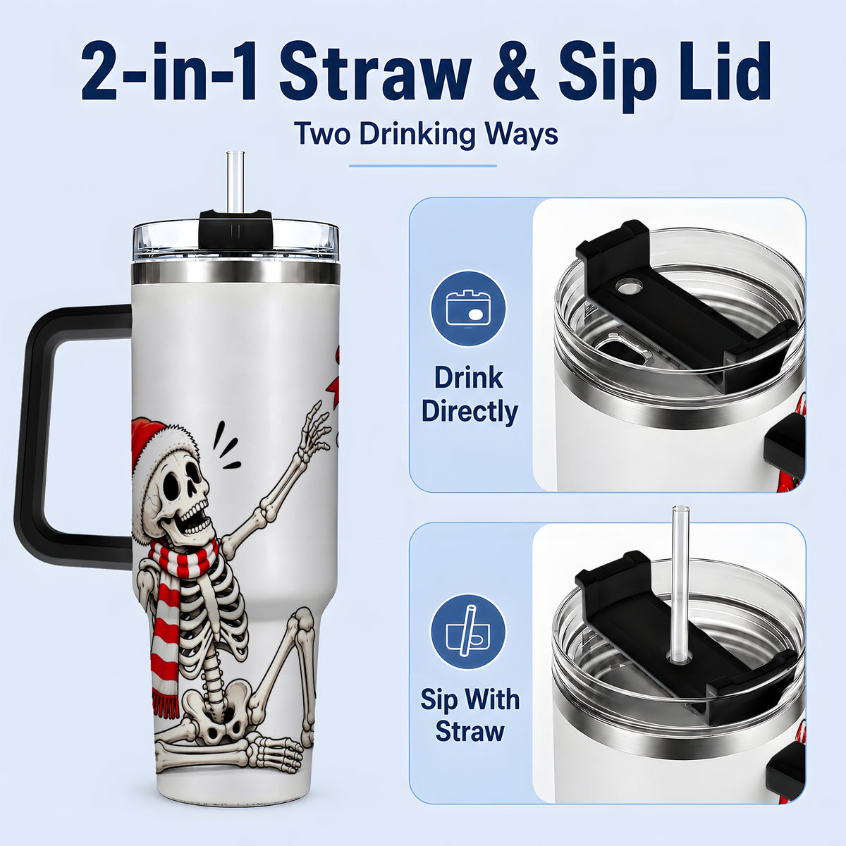 #pl[40oz|Black] Christmas Skeleton 40oz Tumbler, Santa Hat Candy Cane Artwork