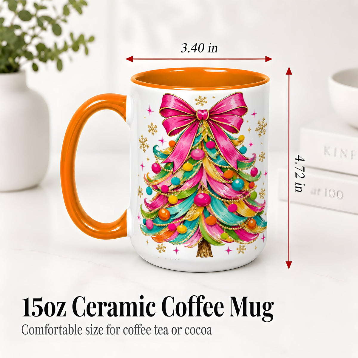 #pl[15oz|Orange] Colorful Christmas Tree Ceramic Mug, Pink Bow Holiday Artwork