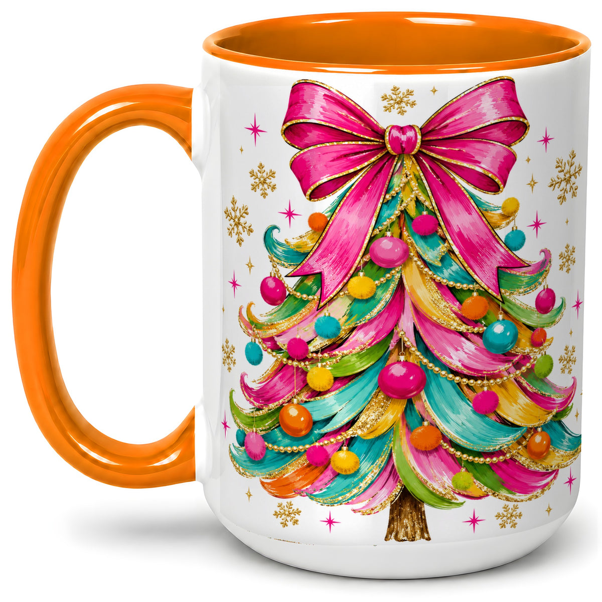 #pl[15oz|Orange] Colorful Christmas Tree Ceramic Mug, Pink Bow Holiday Artwork
