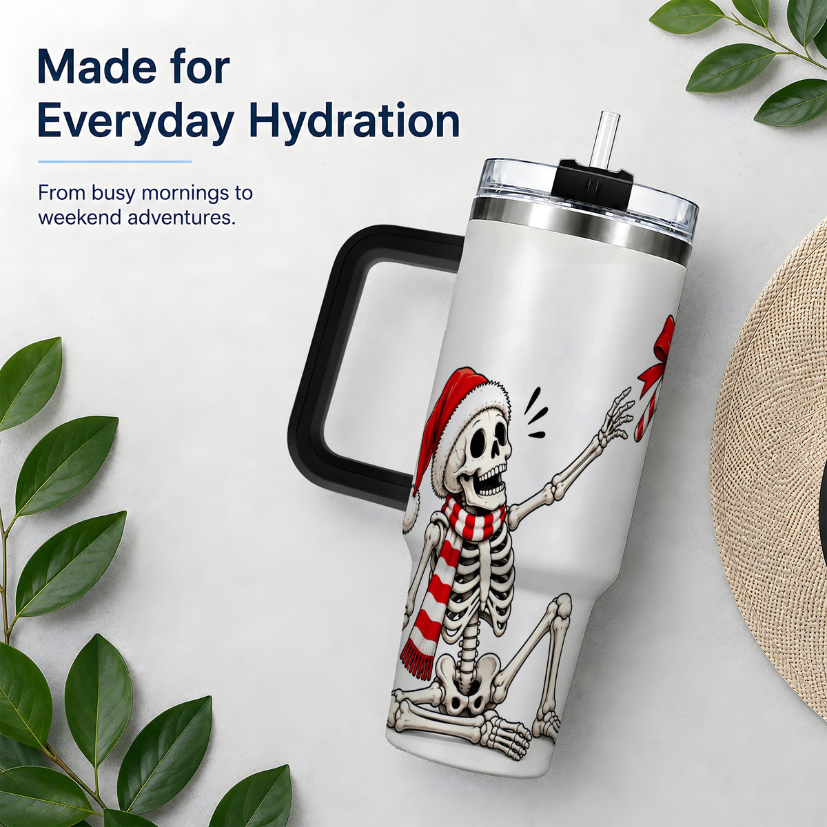 #pl[40oz|Black] Christmas Skeleton 40oz Tumbler, Santa Hat Candy Cane Artwork