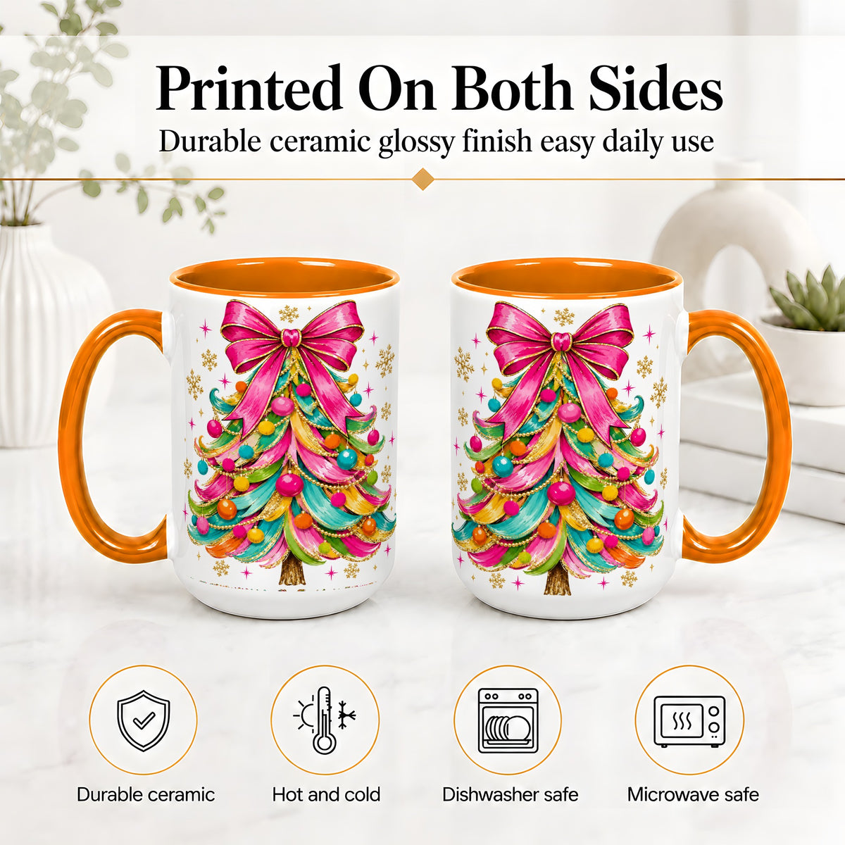 #pl[15oz|Orange] Colorful Christmas Tree Ceramic Mug, Pink Bow Holiday Artwork