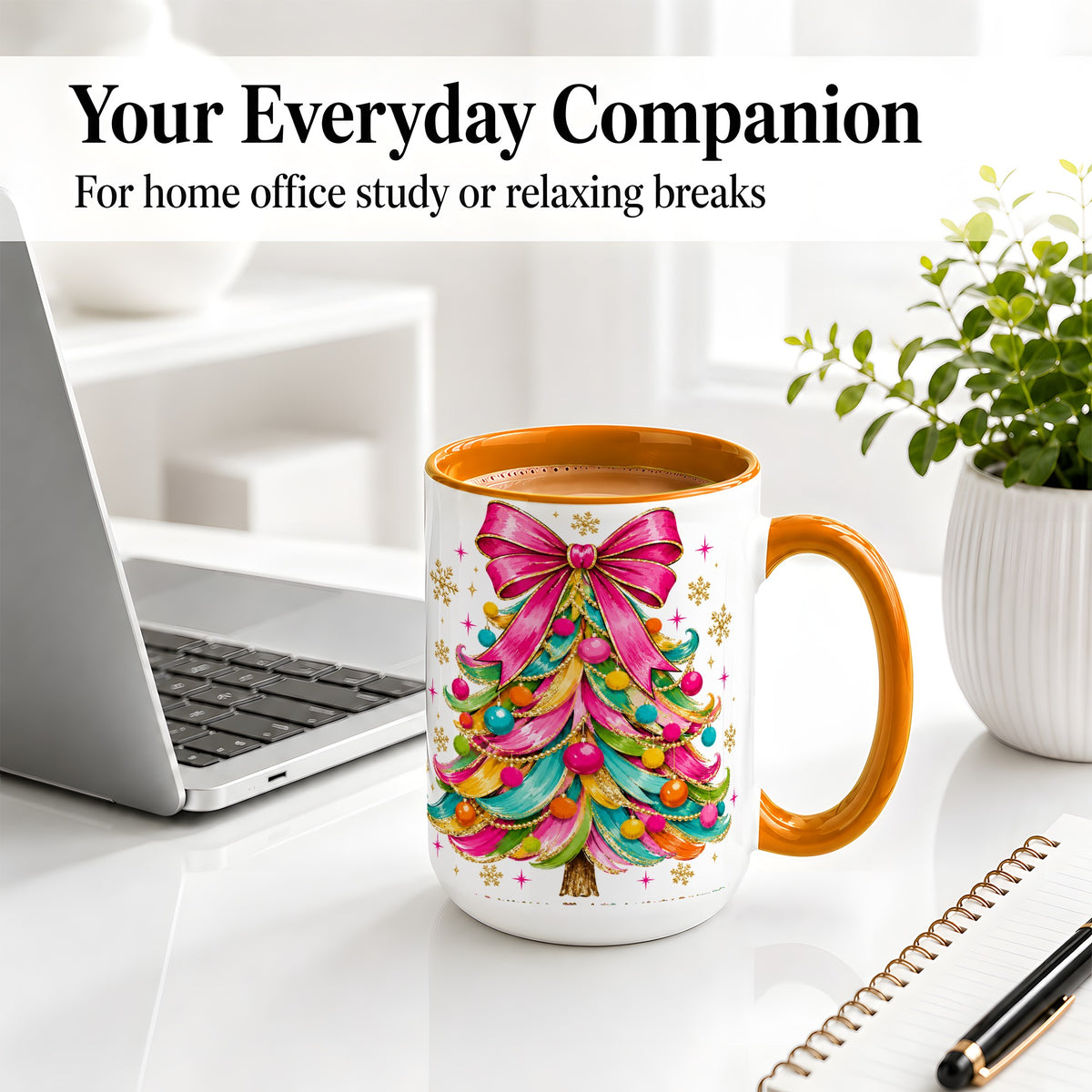 #pl[15oz|Orange] Colorful Christmas Tree Ceramic Mug, Pink Bow Holiday Artwork