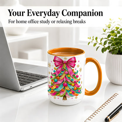 #pl[15oz|Orange] Colorful Christmas Tree Ceramic Mug, Pink Bow Holiday Artwork