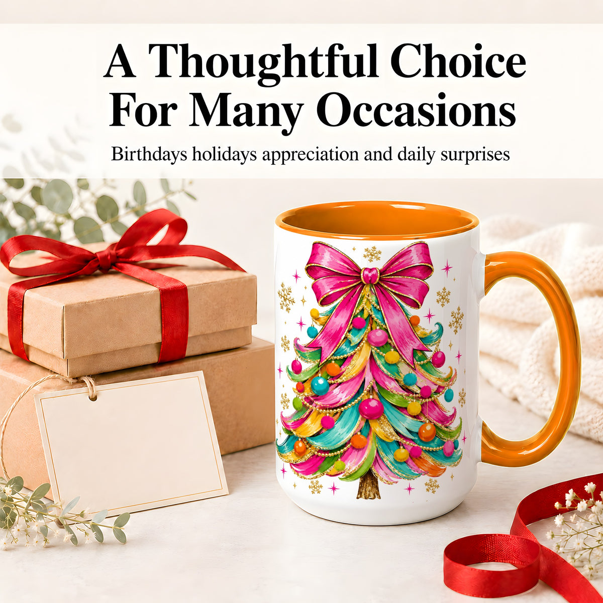 #pl[15oz|Orange] Colorful Christmas Tree Ceramic Mug, Pink Bow Holiday Artwork
