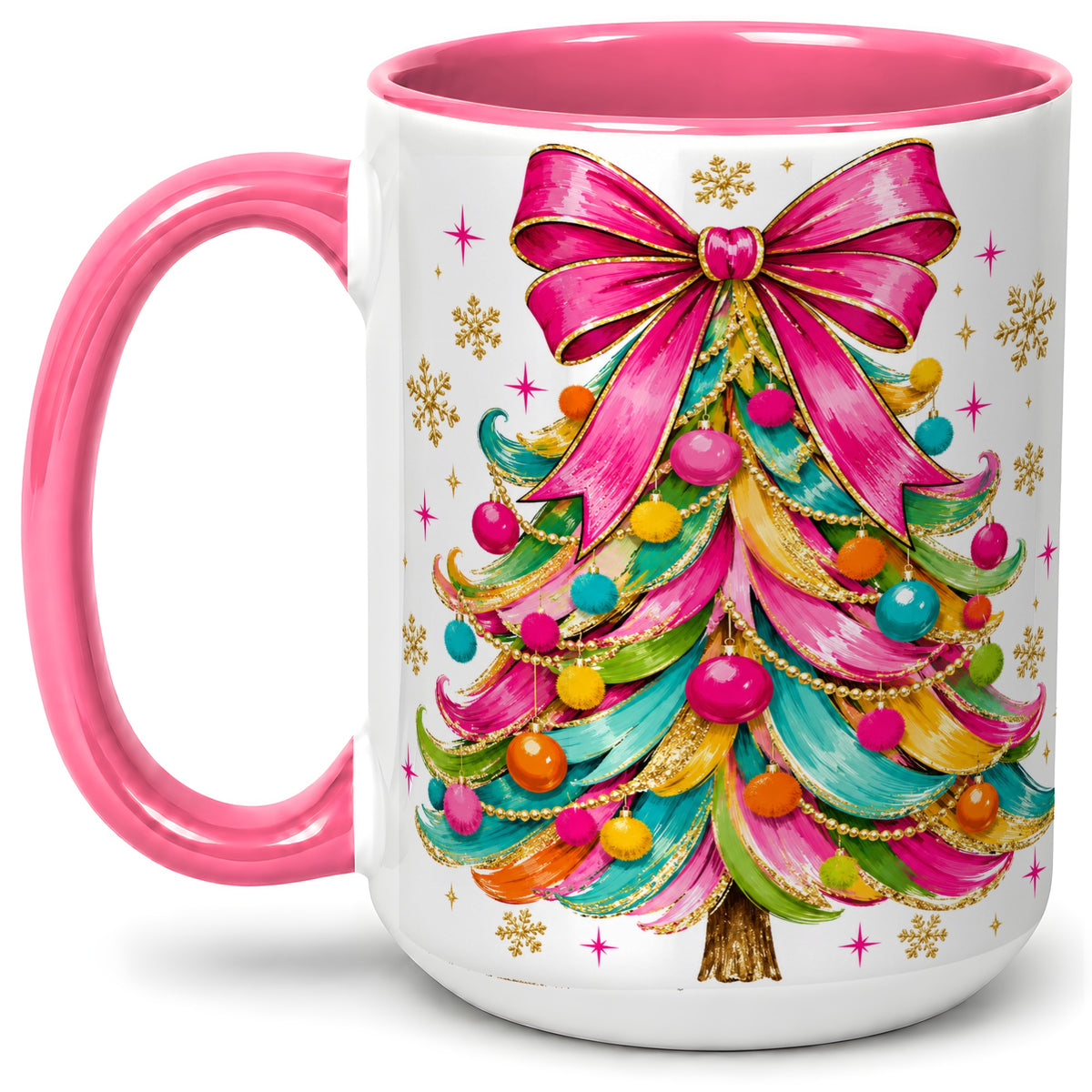 #pl[15oz|Pink] Colorful Christmas Tree Ceramic Mug, Pink Bow Holiday Artwork