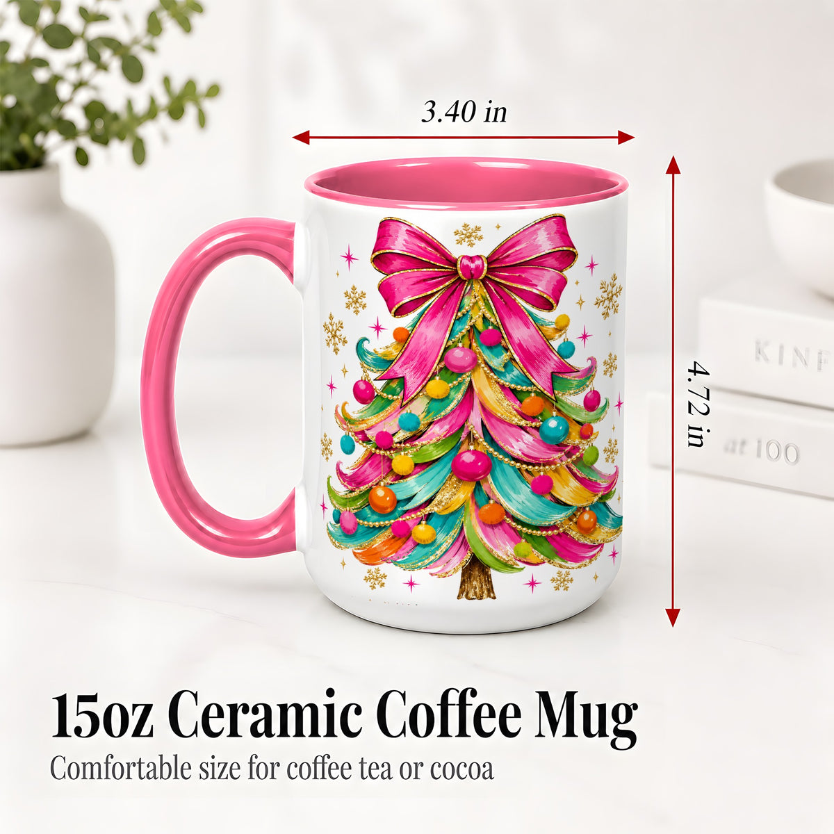 #pl[15oz|Pink] Colorful Christmas Tree Ceramic Mug, Pink Bow Holiday Artwork