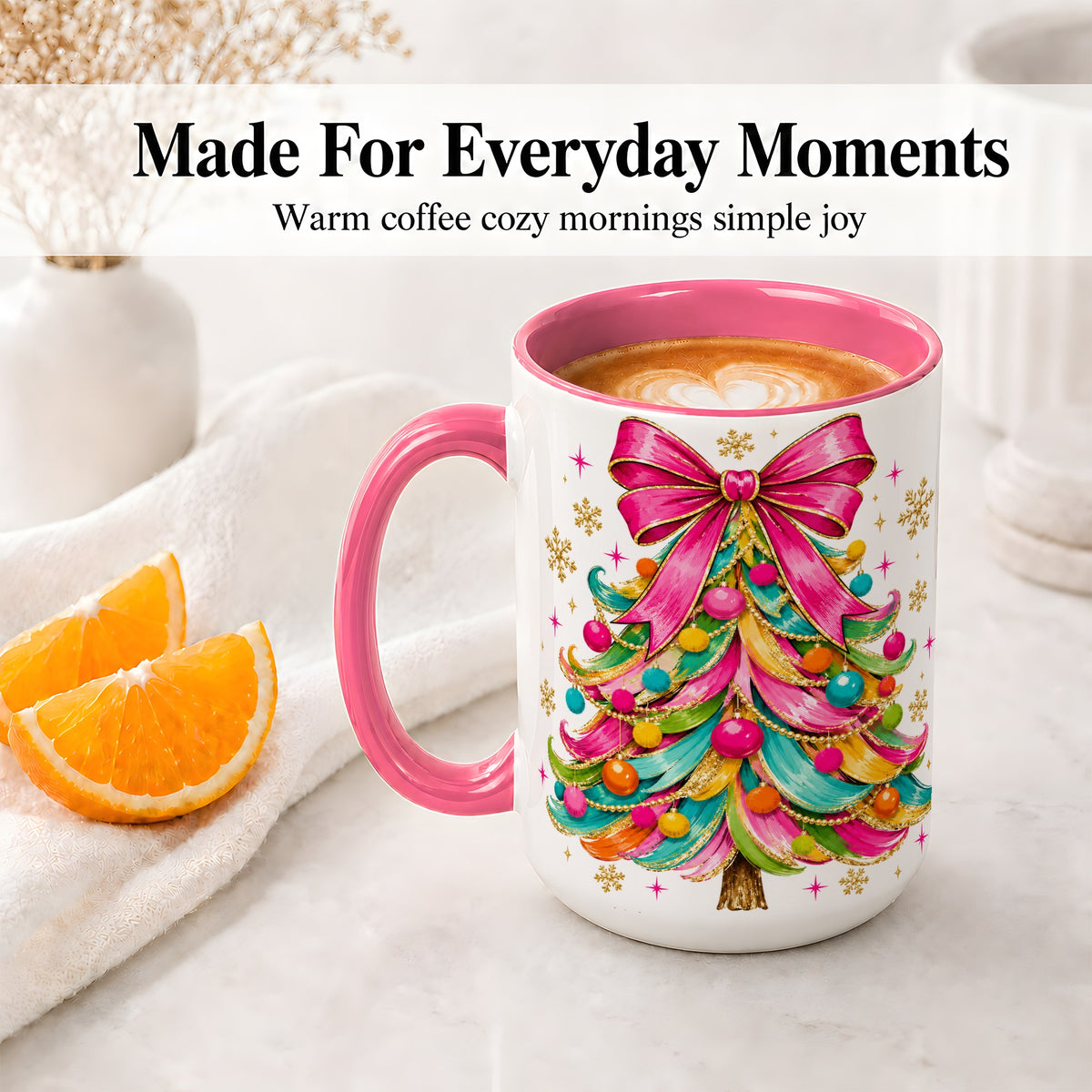 #pl[15oz|Pink] Colorful Christmas Tree Ceramic Mug, Pink Bow Holiday Artwork