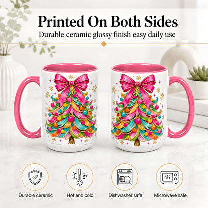 #pl[15oz|Pink] Colorful Christmas Tree Ceramic Mug, Pink Bow Holiday Artwork