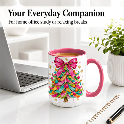 #pl[15oz|Pink] Colorful Christmas Tree Ceramic Mug, Pink Bow Holiday Artwork