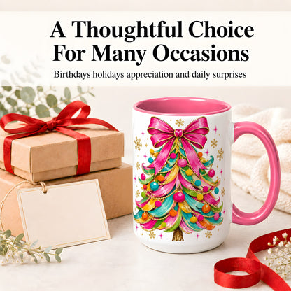 #pl[15oz|Pink] Colorful Christmas Tree Ceramic Mug, Pink Bow Holiday Artwork