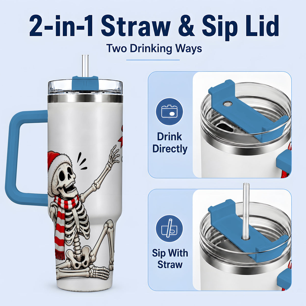 #pl[40oz|Blue] Christmas Skeleton 40oz Tumbler, Santa Hat Candy Cane Artwork