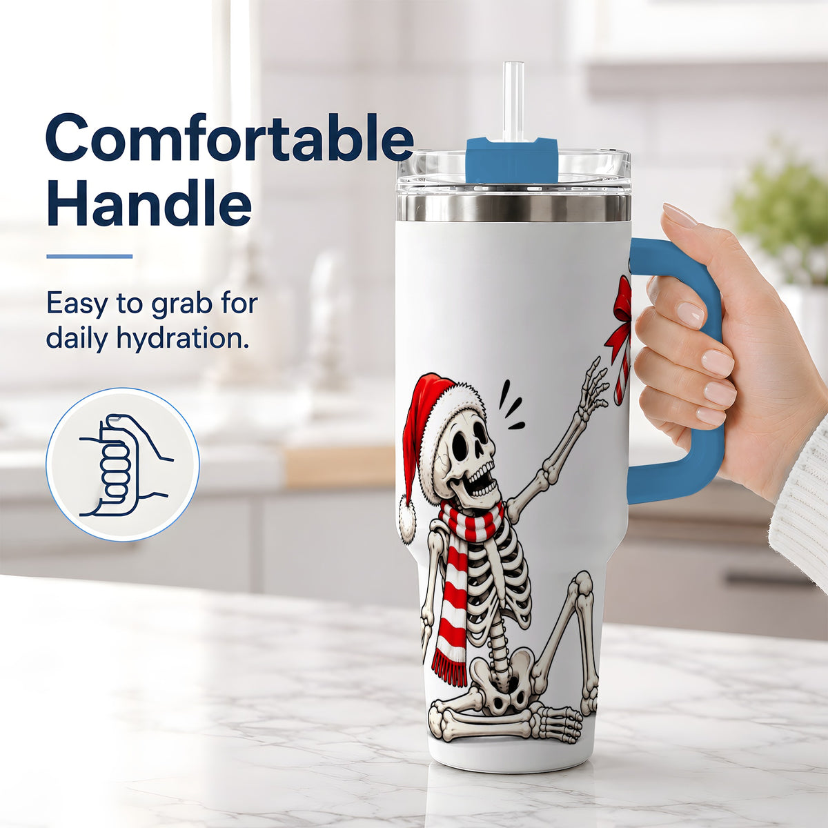 #pl[40oz|Blue] Christmas Skeleton 40oz Tumbler, Santa Hat Candy Cane Artwork
