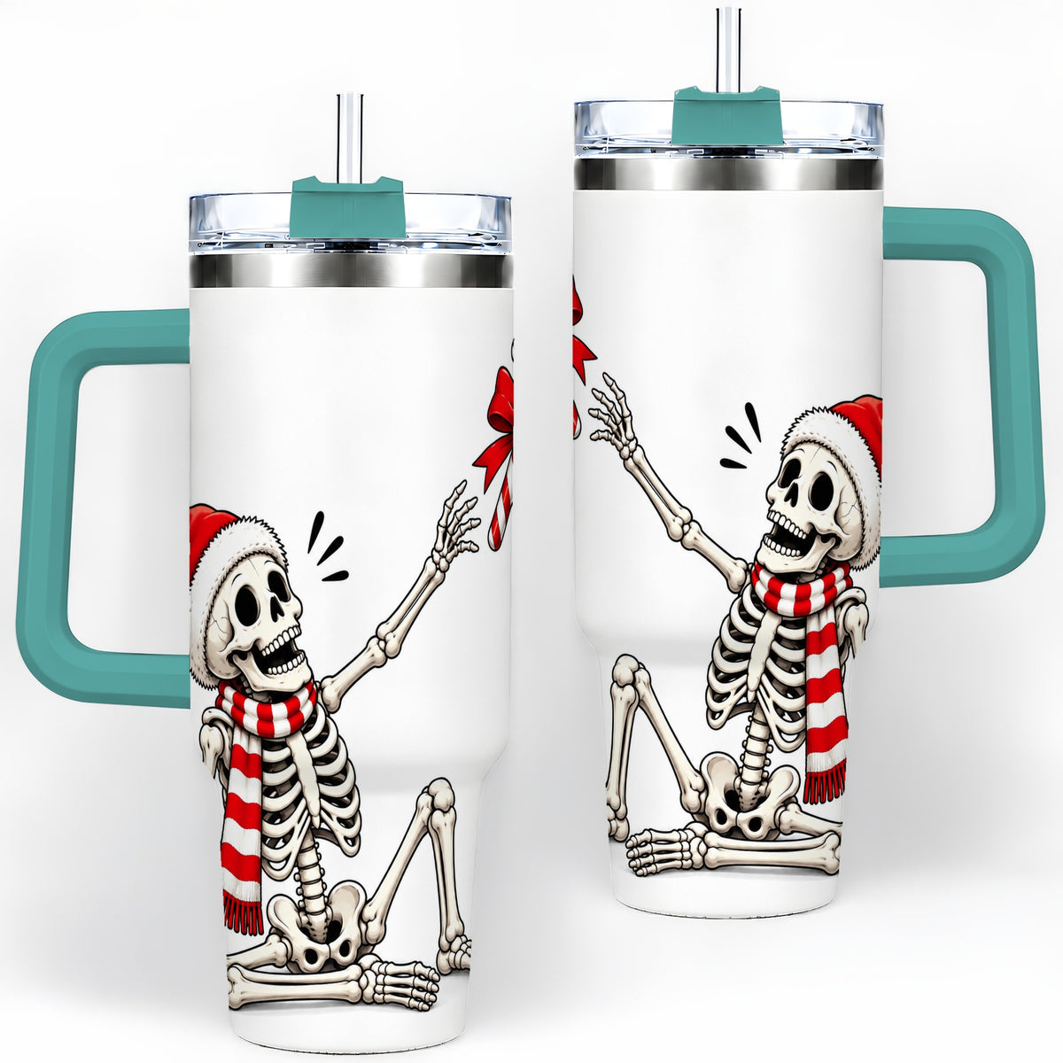 #pl[40oz|Green] Christmas Skeleton 40oz Tumbler, Santa Hat Candy Cane Artwork