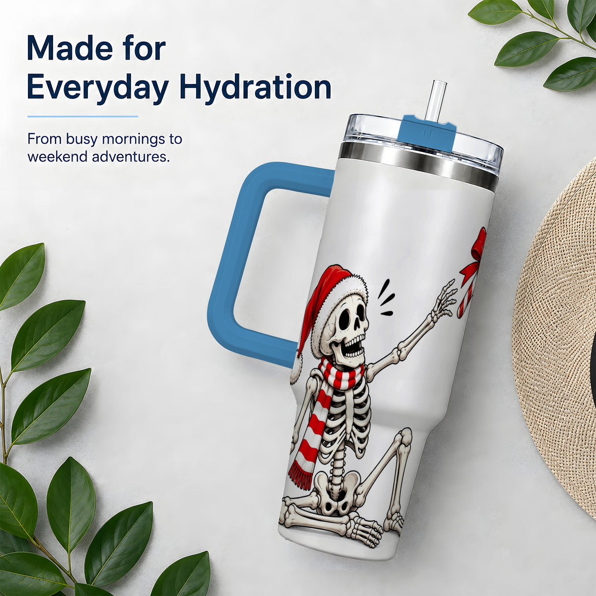 #pl[40oz|Blue] Christmas Skeleton 40oz Tumbler, Santa Hat Candy Cane Artwork