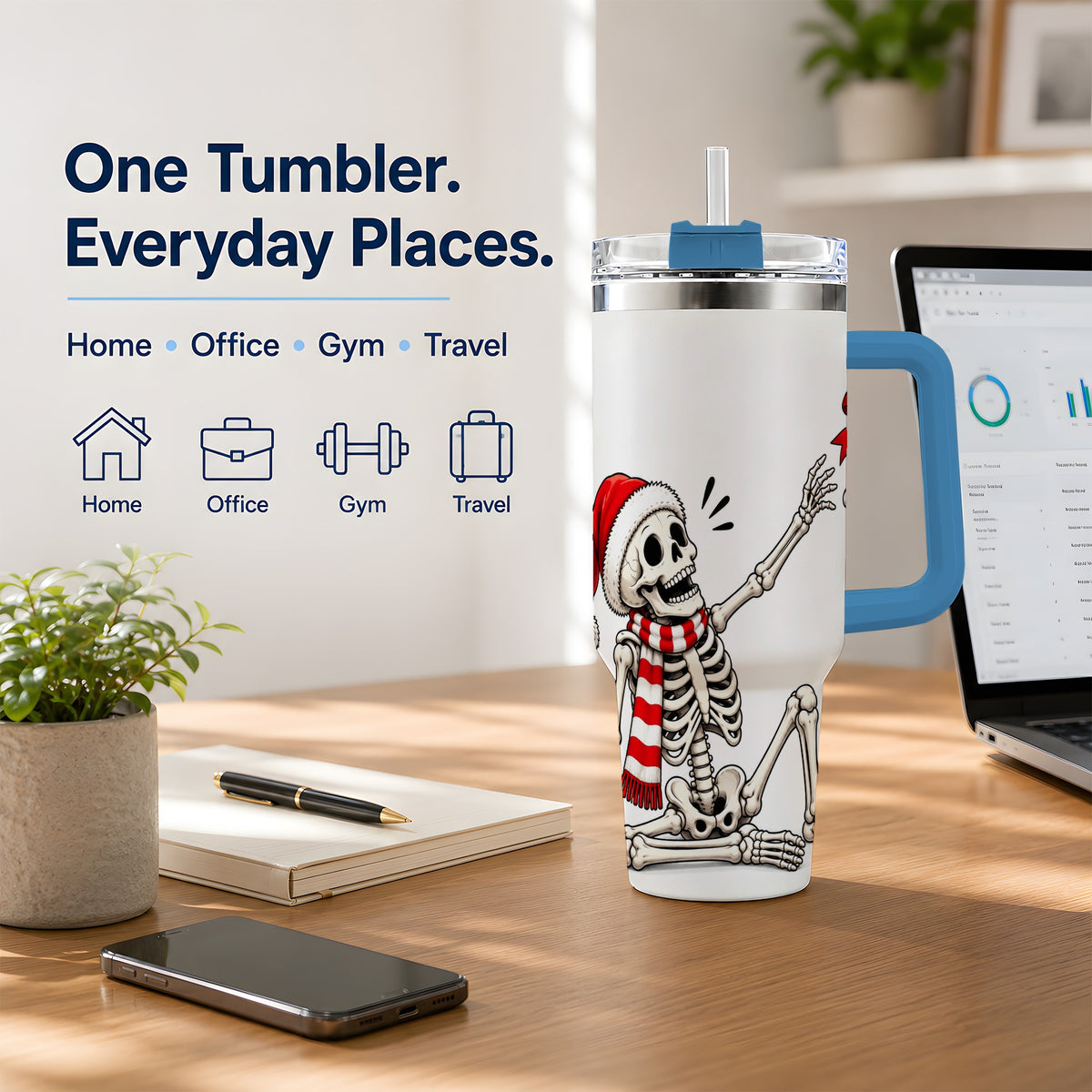 #pl[40oz|Blue] Christmas Skeleton 40oz Tumbler, Santa Hat Candy Cane Artwork