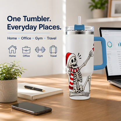 #pl[40oz|Blue] Christmas Skeleton 40oz Tumbler, Santa Hat Candy Cane Artwork