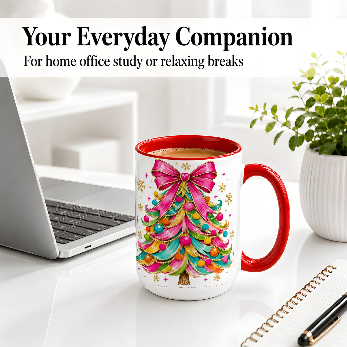 #pl[15oz|Red] Colorful Christmas Tree Ceramic Mug, Pink Bow Holiday Artwork
