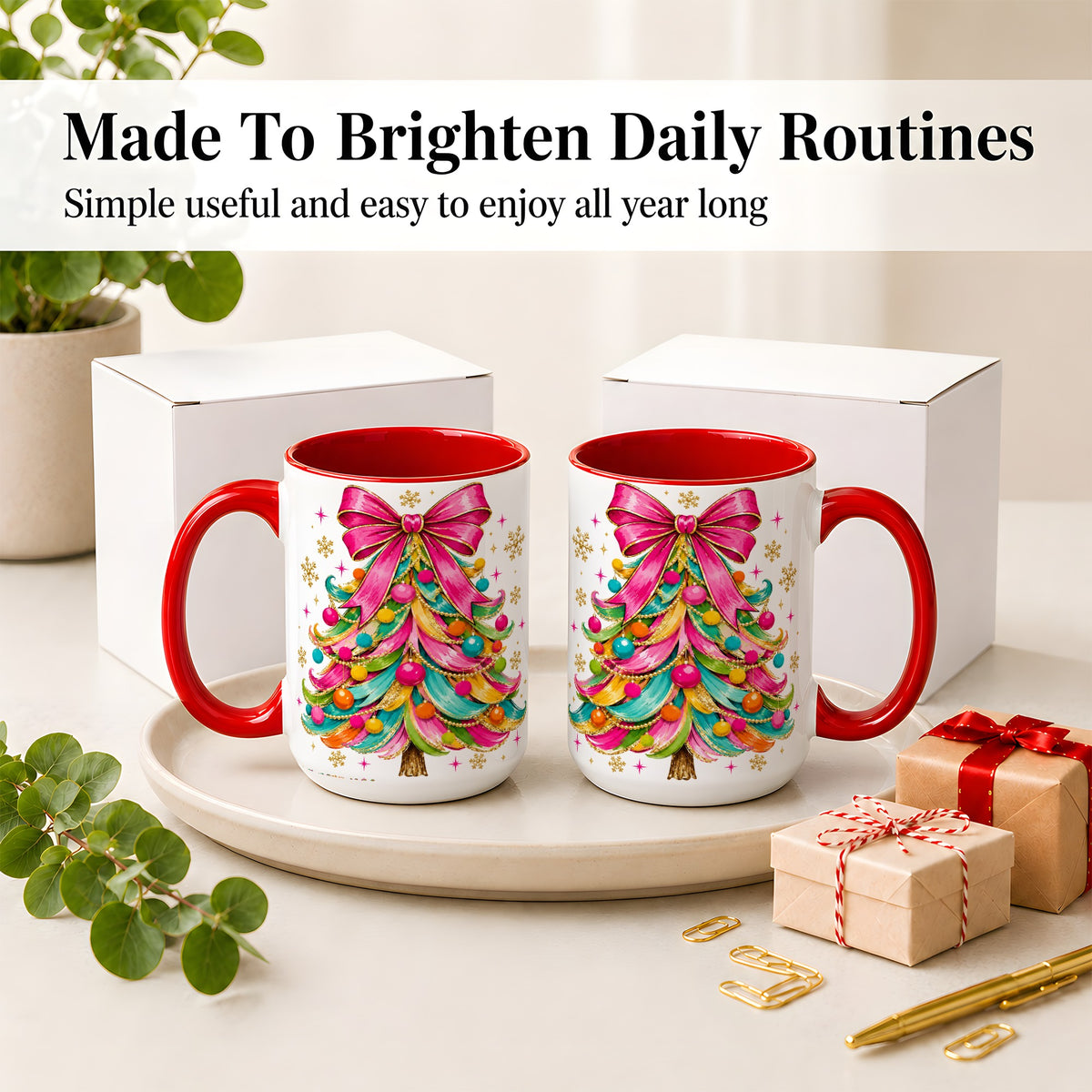 #pl[15oz|Red] Colorful Christmas Tree Ceramic Mug, Pink Bow Holiday Artwork