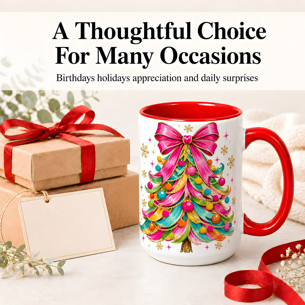 #pl[15oz|Red] Colorful Christmas Tree Ceramic Mug, Pink Bow Holiday Artwork