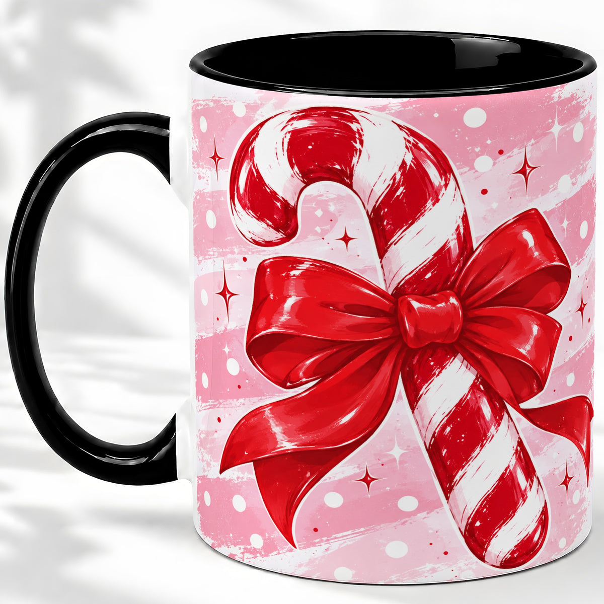 #pl[11oz|Black] Candy Cane Bow Ceramic Mug, Red Pink Christmas Holiday Artwork