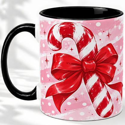 #pl[11oz|Black] Candy Cane Bow Ceramic Mug, Red Pink Christmas Holiday Artwork