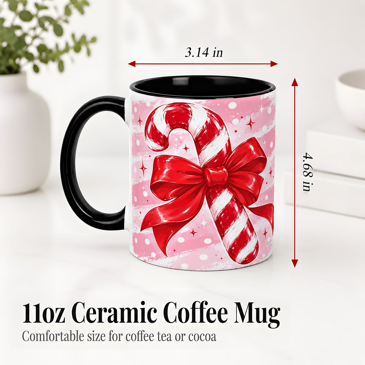 #pl[11oz|Black] Candy Cane Bow Ceramic Mug, Red Pink Christmas Holiday Artwork
