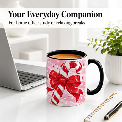 #pl[11oz|Black] Candy Cane Bow Ceramic Mug, Red Pink Christmas Holiday Artwork