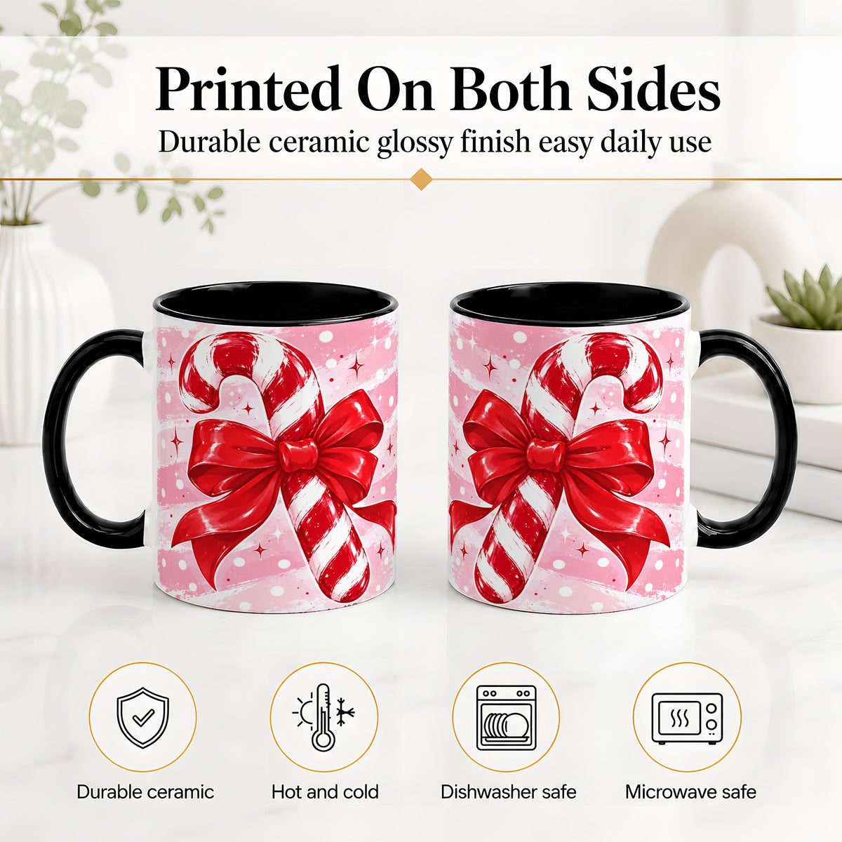 #pl[11oz|Black] Candy Cane Bow Ceramic Mug, Red Pink Christmas Holiday Artwork