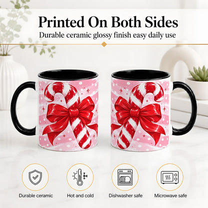 #pl[11oz|Black] Candy Cane Bow Ceramic Mug, Red Pink Christmas Holiday Artwork