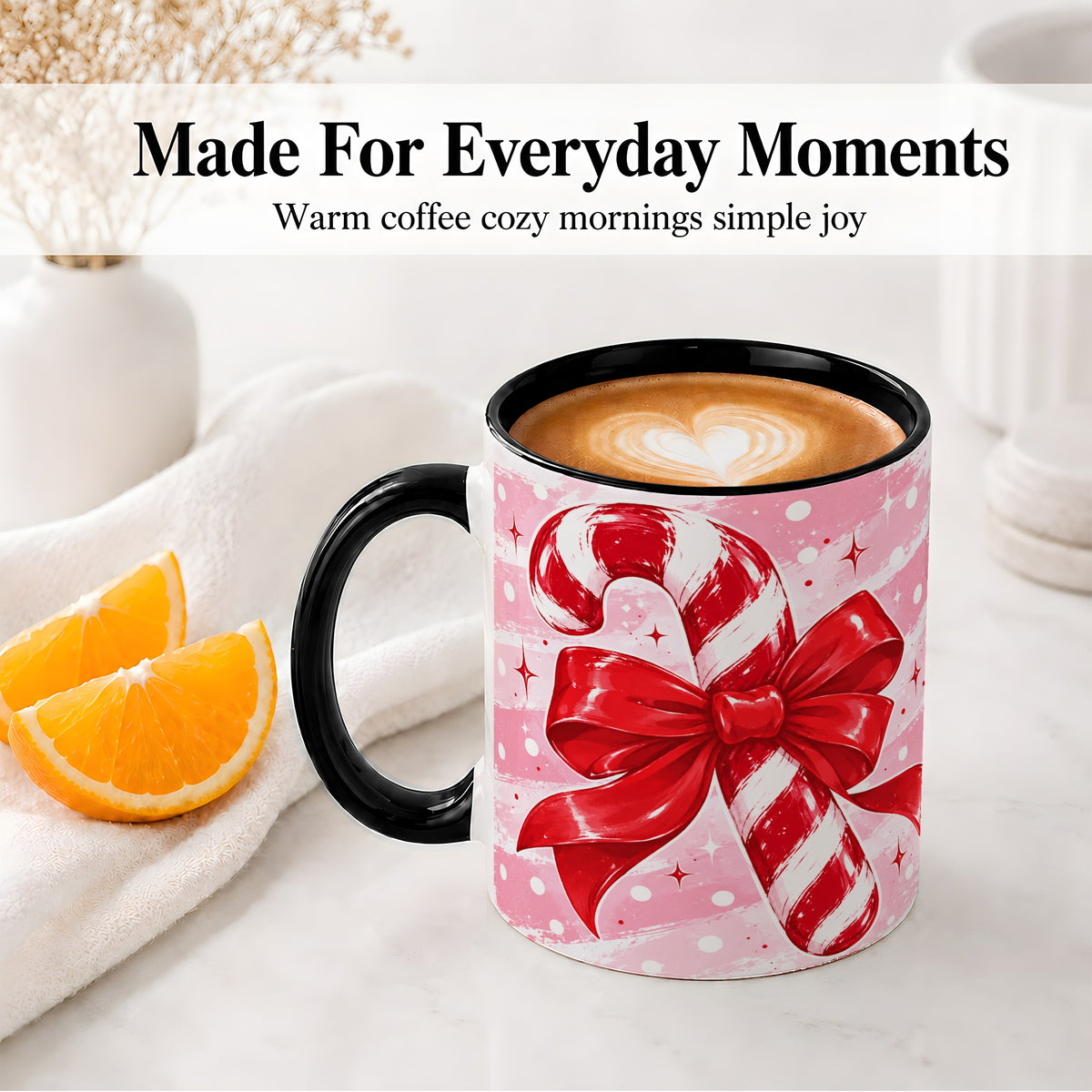 #pl[11oz|Black] Candy Cane Bow Ceramic Mug, Red Pink Christmas Holiday Artwork