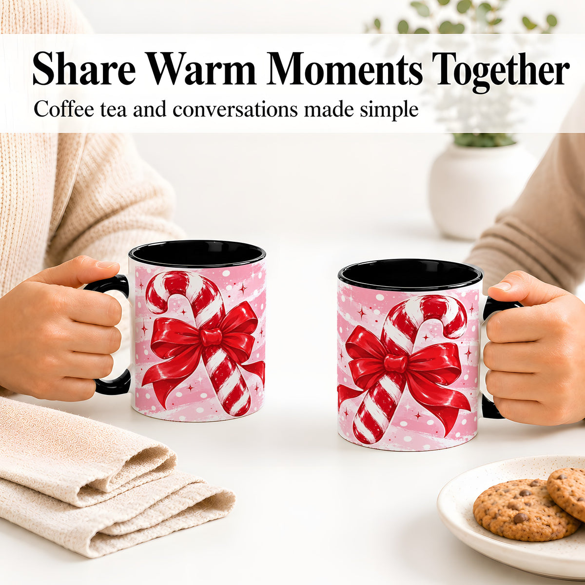#pl[11oz|Black] Candy Cane Bow Ceramic Mug, Red Pink Christmas Holiday Artwork