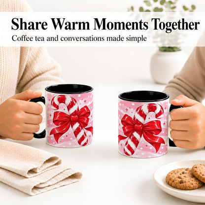 #pl[11oz|Black] Candy Cane Bow Ceramic Mug, Red Pink Christmas Holiday Artwork