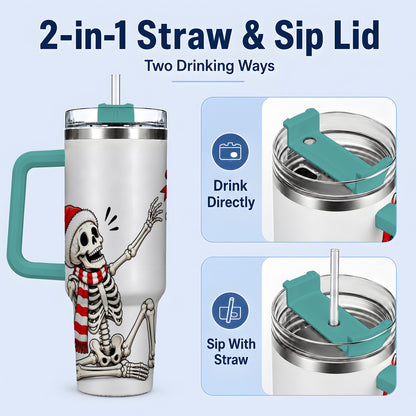 #pl[40oz|Green] Christmas Skeleton 40oz Tumbler, Santa Hat Candy Cane Artwork