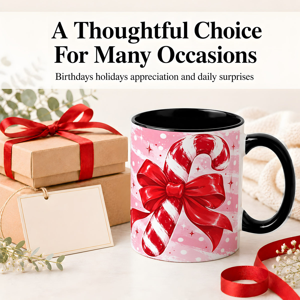 #pl[11oz|Black] Candy Cane Bow Ceramic Mug, Red Pink Christmas Holiday Artwork