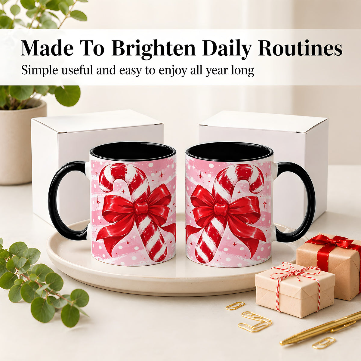 #pl[11oz|Black] Candy Cane Bow Ceramic Mug, Red Pink Christmas Holiday Artwork