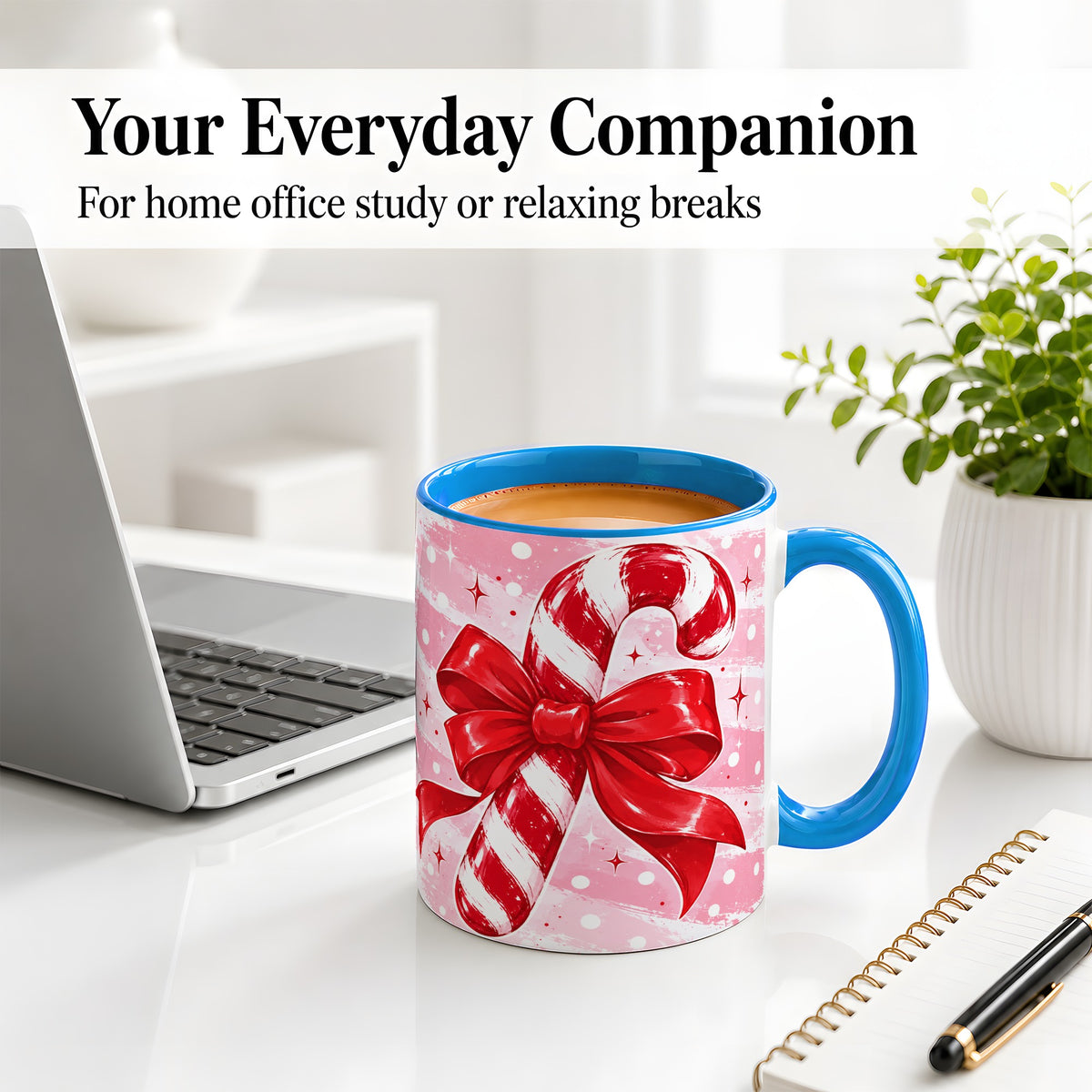 #pl[11oz|Blue] Candy Cane Bow Ceramic Mug, Red Pink Christmas Holiday Artwork