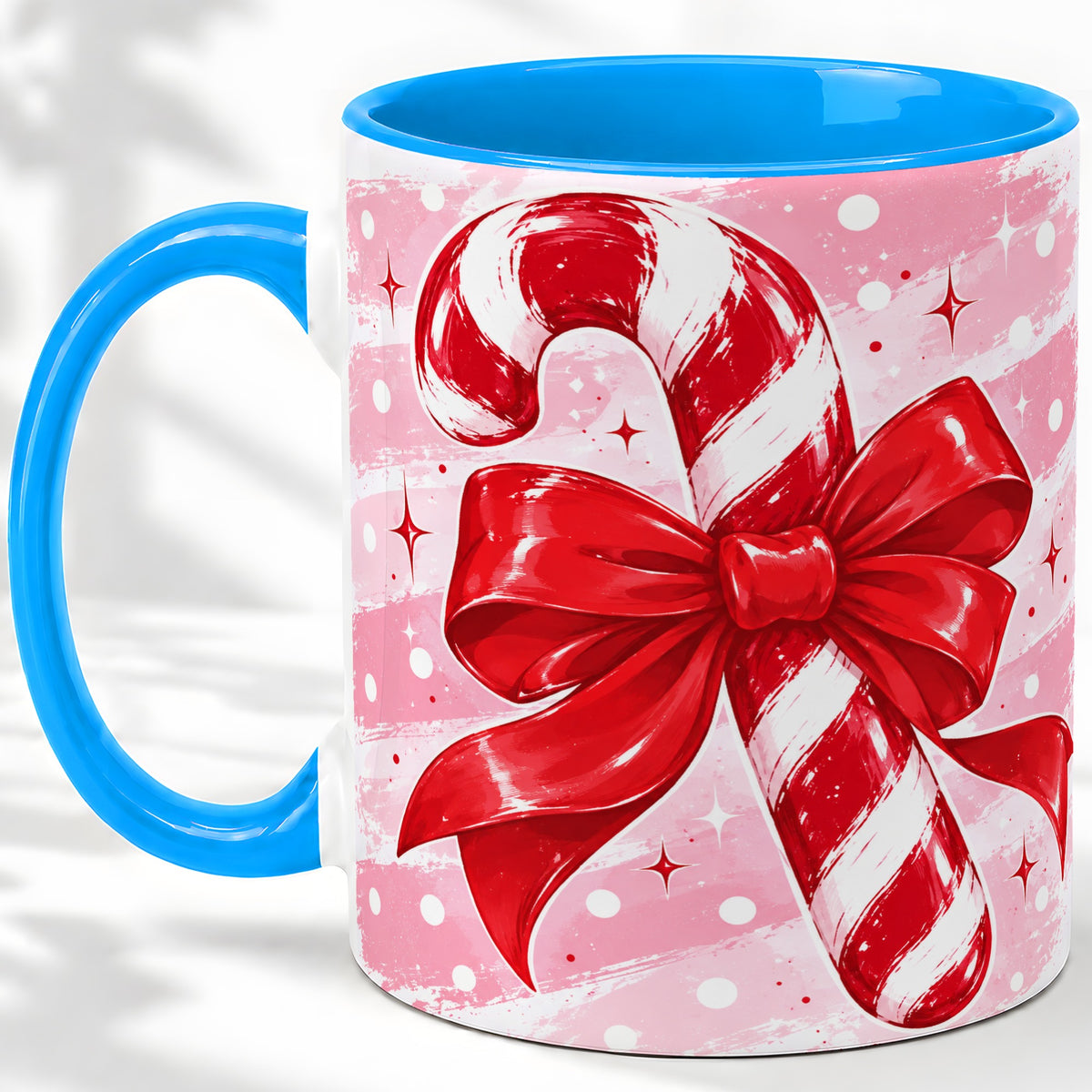 #pl[11oz|Blue] Candy Cane Bow Ceramic Mug, Red Pink Christmas Holiday Artwork